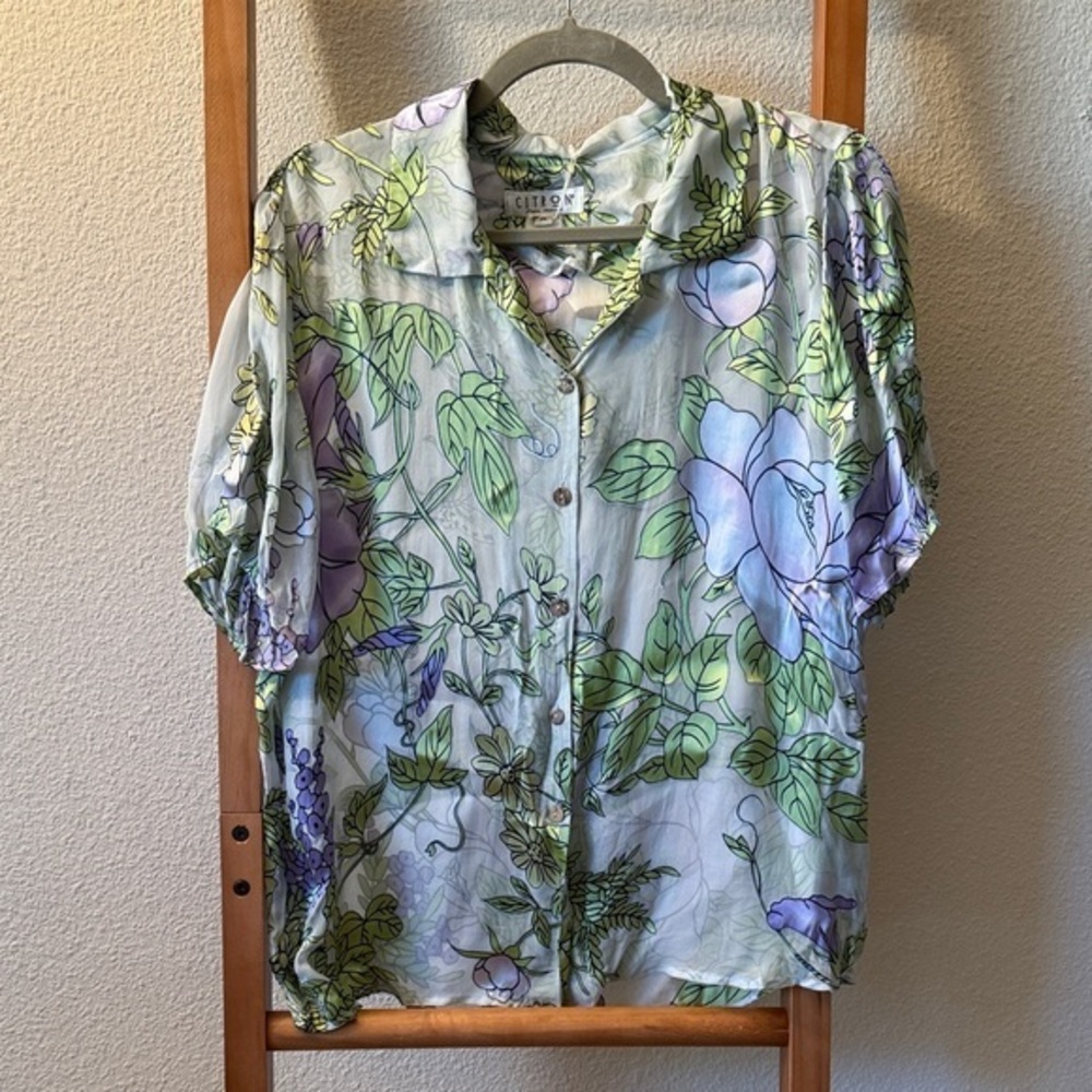 NWT Citron Santa Monica silk blend burn out button down floral butterfly SS top